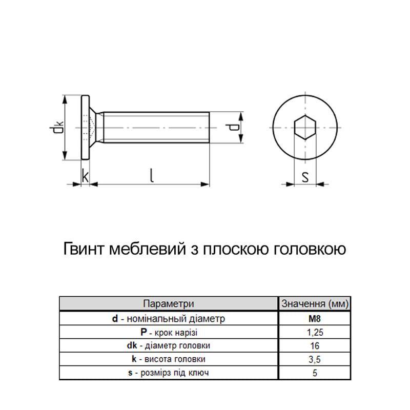 Винт мебельный Metalvis М8х60 Ø16 мм 4.8 цинк белый полная резьба шаг 1,25 плоская HX5 100 шт. (3N53400003N5806000) - фото 2