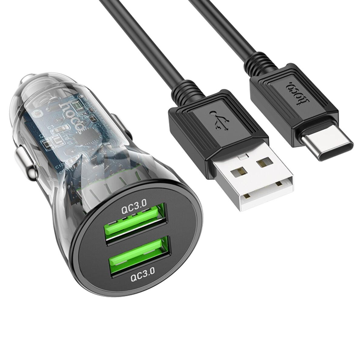 Зарядний пристрій автомобільний Hoco 2 USB PORT Type-C QC3.0 Z47 Discovery Black (6931474782250)