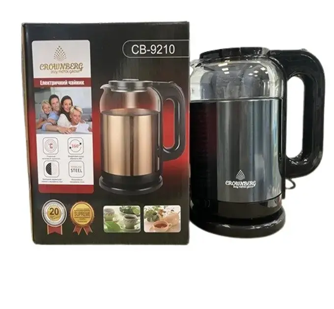 Электрочайник Crownberg CB-9210 дисковый из нержавеющей стали 2200 Вт 1,7 л Черный (ML-04297)