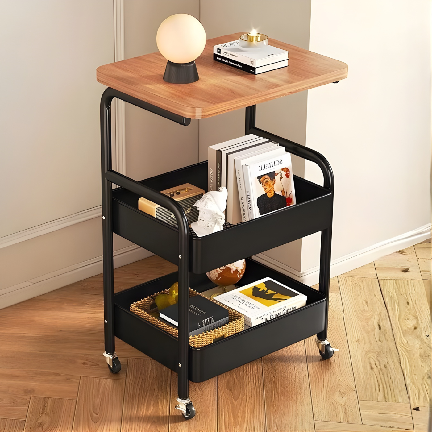 Полка 3-ярусная металлическая для хранения передвижная на колесиках для кухни Черный