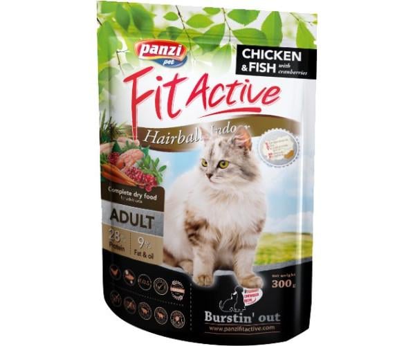 Корм сухой для котов с профилактикой выведения шерсти Panzi FitActive Hairball Indoor с птицей/рыбой и клюквой 300 г