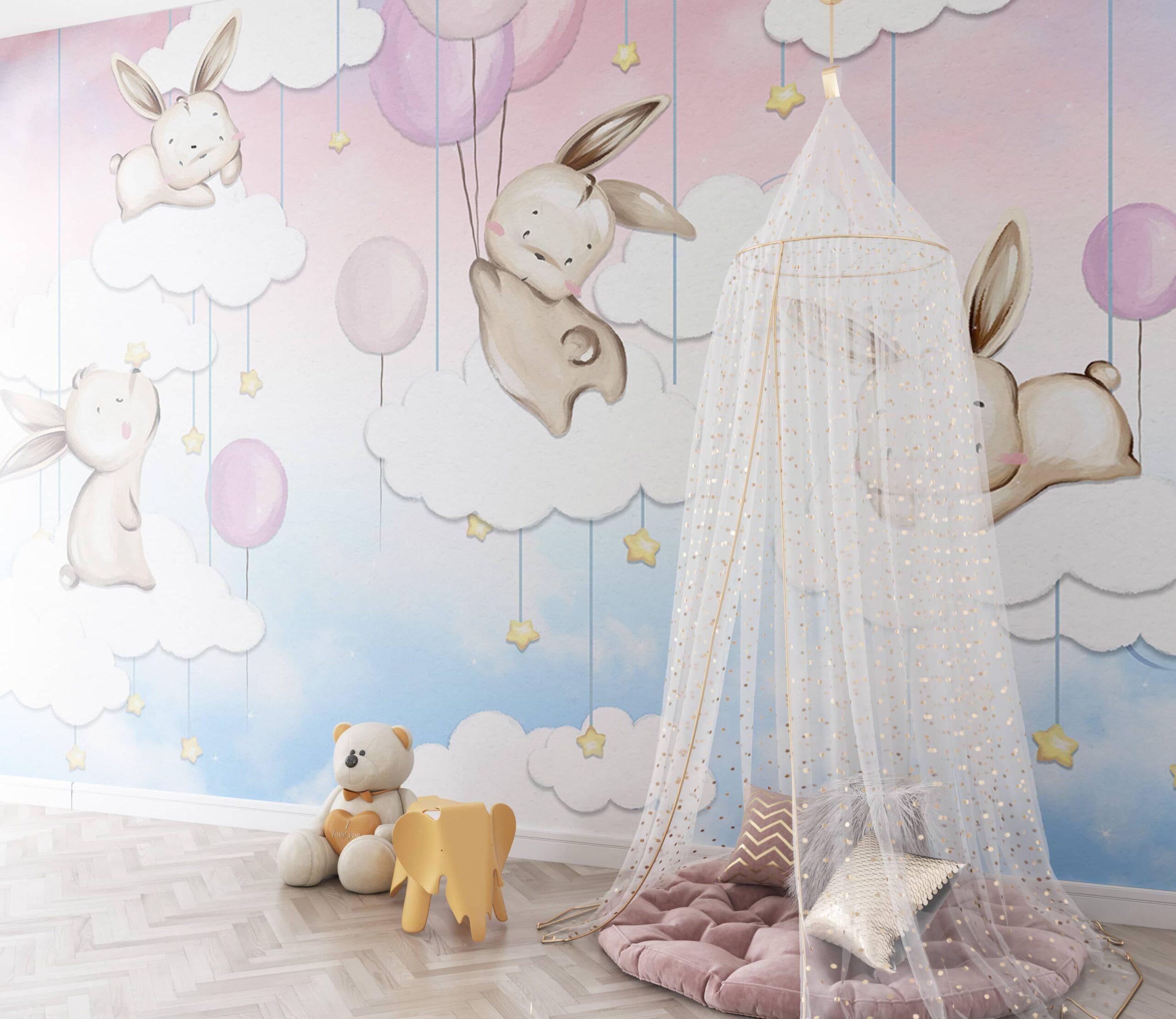 Фотообои флизелиновые Styleo Print-walls Зайчики на облачках 0456 350х270 см (Pw-0456/3)