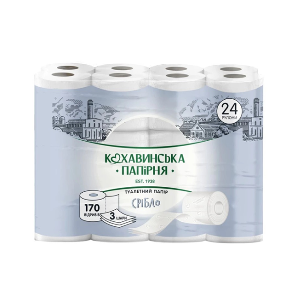 Туалетная бумага КОХОВИНКА Серебряная трехслойная 24 рулона Белая (250353-24)
