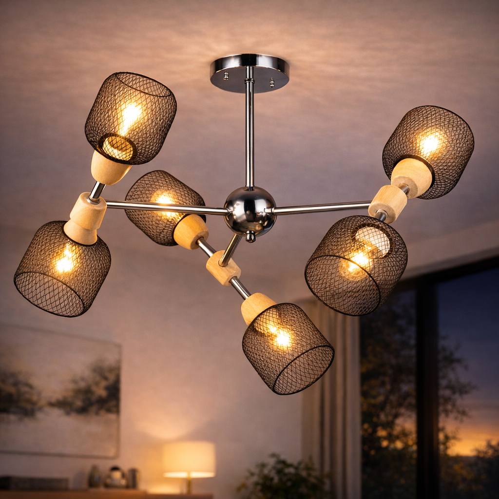 Люстра Valeso с деревянными элементами под шесть ламп Е27 Хром (B K2347/6 CH+WOOD)