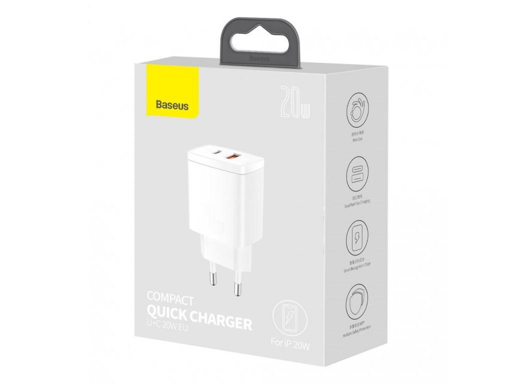 Адаптер питания Baseus Compact Quick Charger 20W QC+PD(Type C+USB), White - фото 4 Адаптер питания Baseus Compact Quick Charger 20W QC+PD(Type C+USB), White - фото 4