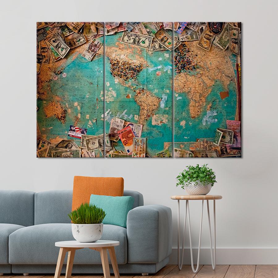 Картина карта Старая карта мира и доллары 128x81 см (A1349-3)