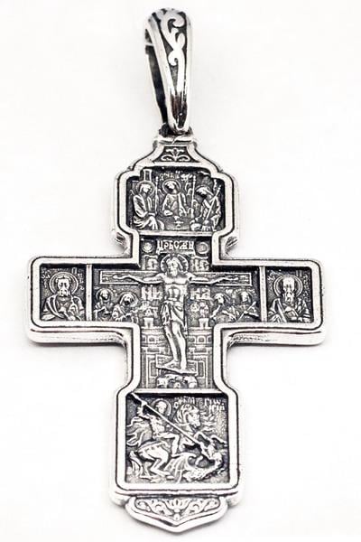 Срібний хрест Розп'яття з майбутніми Св Трійця Архангел Михайло Св Воїни Тихвинская Ікона
