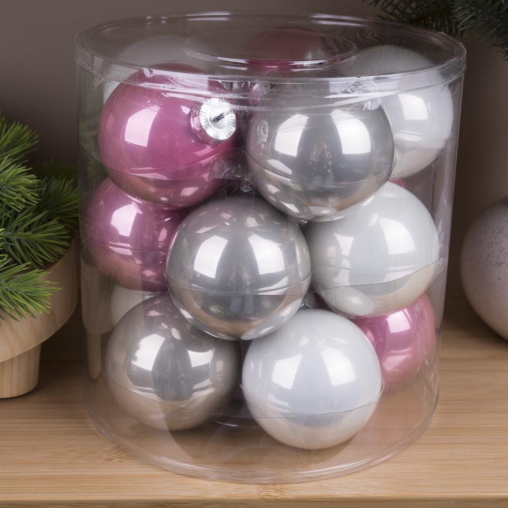Кулі новорічні із скла 8 см 15 шт. Сірий/Рожевий/Білий (4271-3)