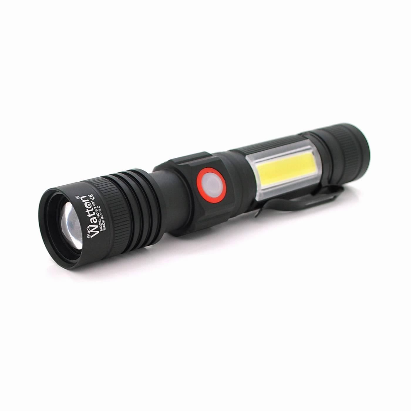 Ліхтар ручний Watton WT-601 P50 + 16 SMD COB 2+2 режими ZOOM 18650/2400 mAh IP40 USB Type-C МАГНІТ 138х28х26 мм Black (36157)