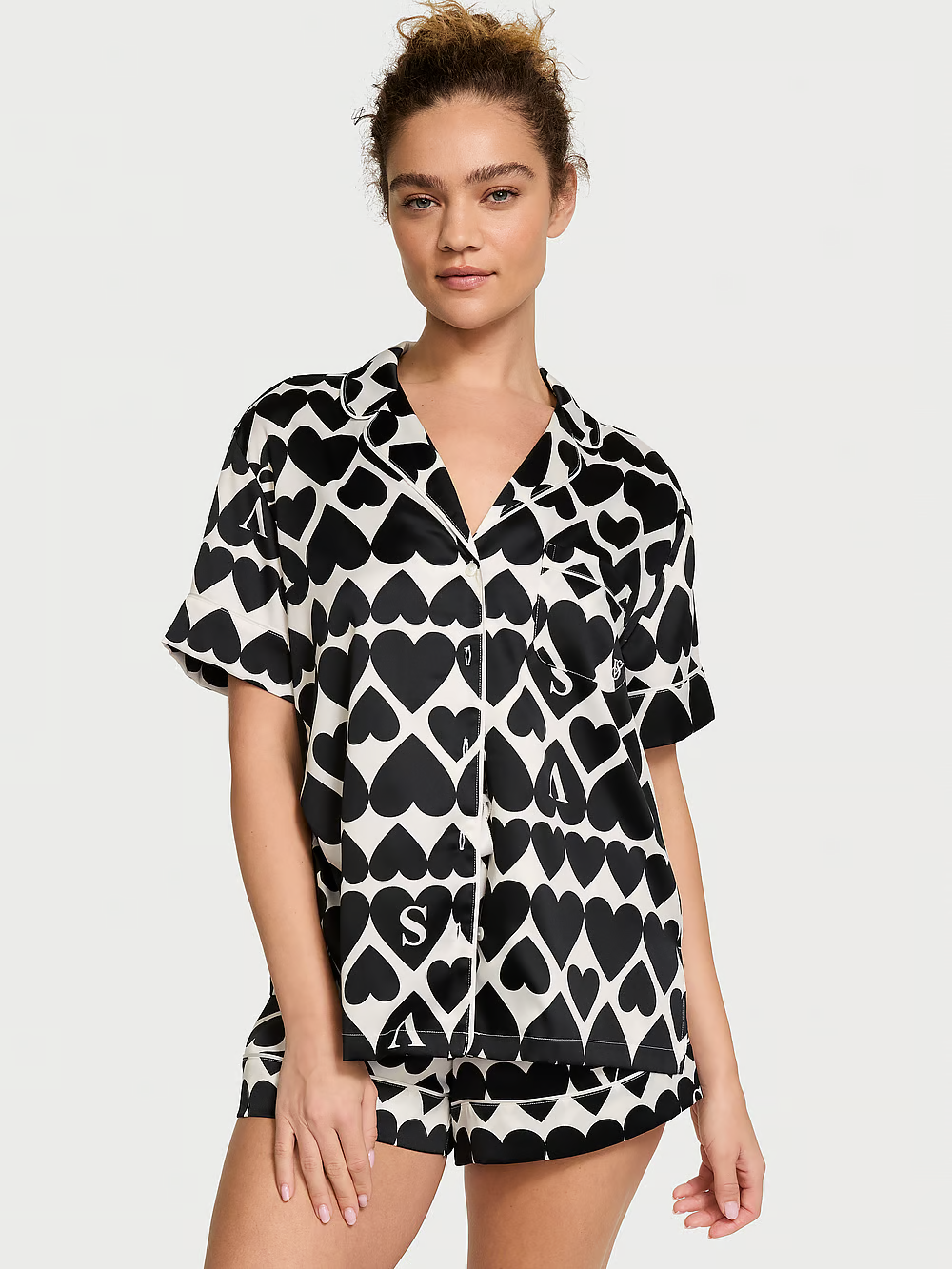 Піжама жіноча Victoria's Secret Glazed Satin Short Pajama Set сатинова S Чорно-білий (24502215)