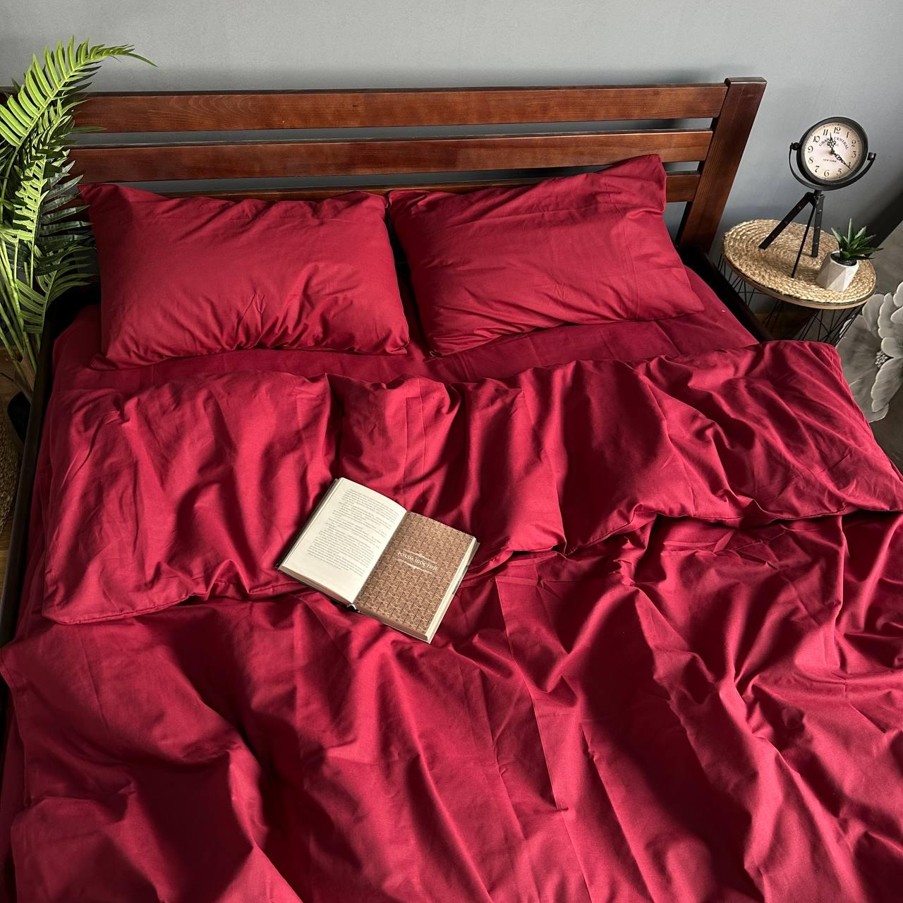 Комплект постільної білизни Однотонний бавовняний двоспальний 180x220/70х70 см Вишневий (27716676) - фото 2