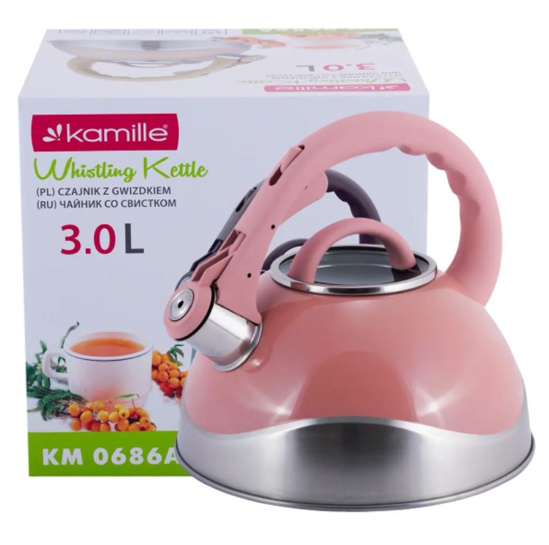 Чайник Kamille KM-0686A из нержавеющей стали со свистком для индукции и газа 3 л Розовый (NA002358)