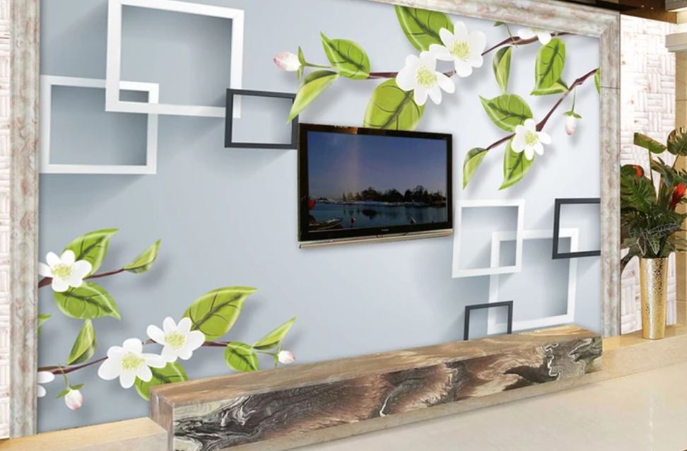 Фотообои 3D флизелиновые цветочные для спальни/зала/кухни Цветущие веточки и рамки