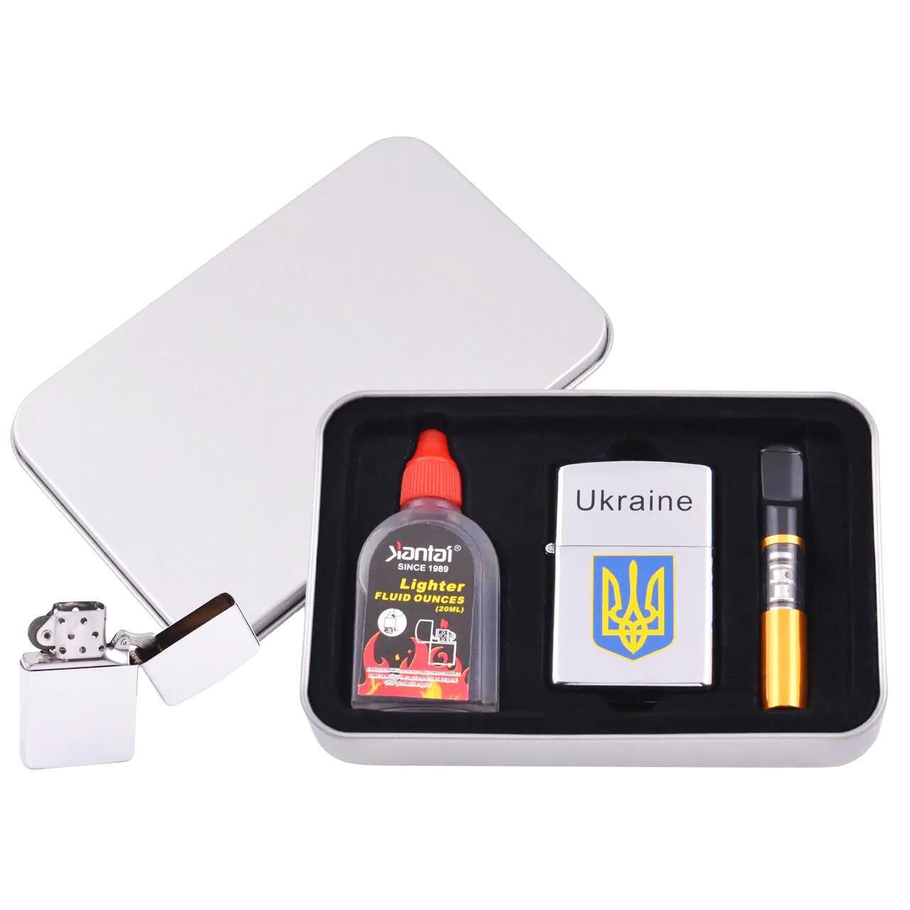 Зажигалка с бензином Kantai XT-4927-1 Silver Герб Украины мундштук в коробке (10848)
