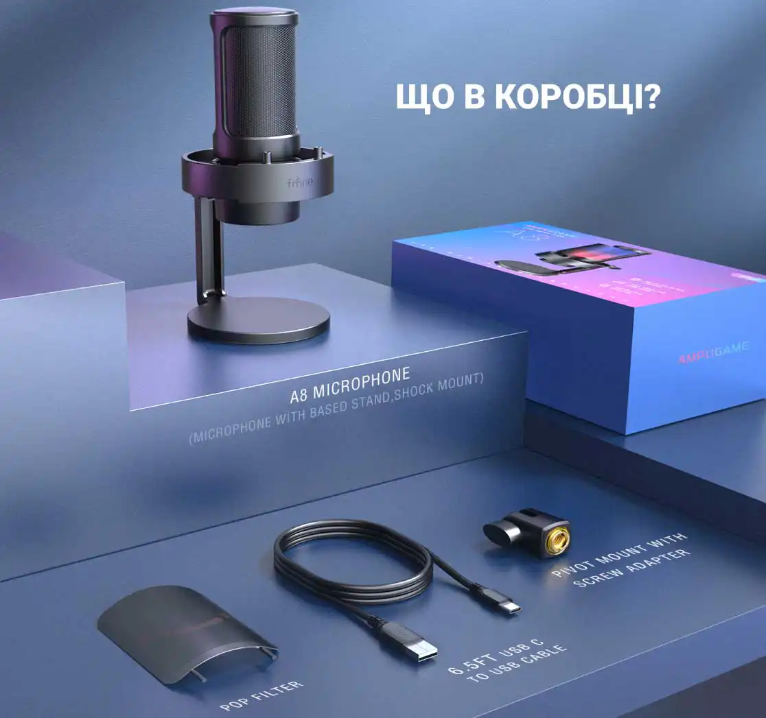 Микрофон конденсаторный FIFINE Ampligame A8 USB 3 режима RGB подсветки - фото 7 Микрофон конденсаторный FIFINE Ampligame A8 USB 3 режима RGB подсветки - фото 7