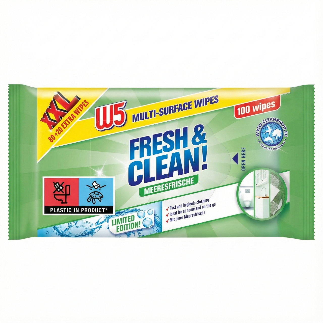 Влажные салфетки для уборки W5 Fresh&Clean 2в1 мультифункциональные Ландыш 100 шт.