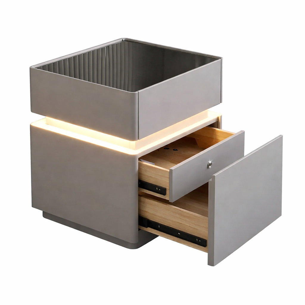 Тумба з екошкіри XXF02 з LED підсвічуванням/сейфом/бездротова зарядка/Bluetooth-аудіо 40х40х51 см Сірий (M17593)
