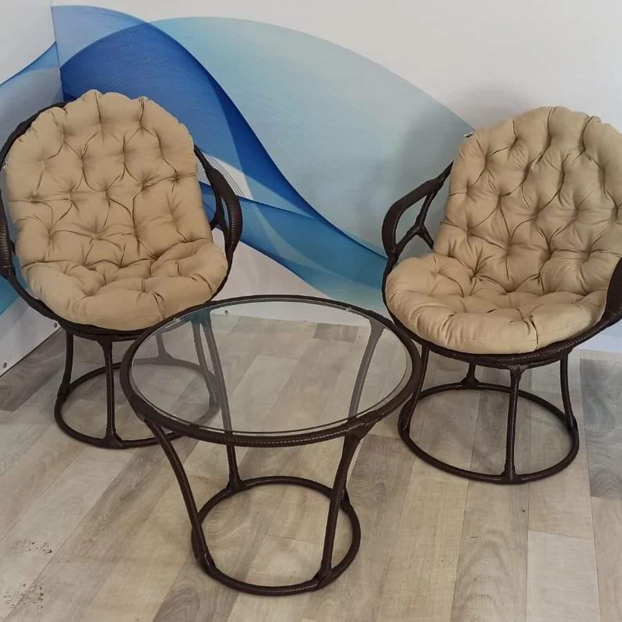 Комплект мебели для сада Woody 2 кресла с подлокотниками/журнальный стол круглый Коричневый, цвет подушек бежевый (металл/ротанг/стекло)