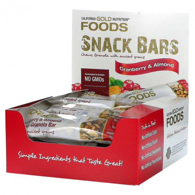 Жевательные батончики из гранолы California Gold Nutrition Foods с клюквой и миндалем 40 г 12 шт. (CGN-01321)