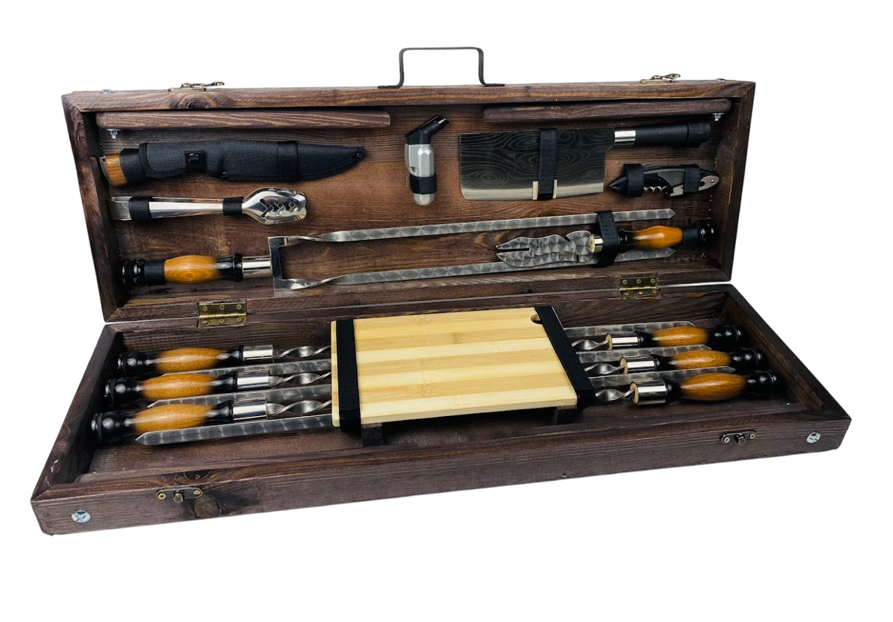 Набор шампуров ручной работы Бизон с аксессуарами и столом-трансформером 14 предметов 74х24х10 см Коричневый (124-10-KS-7619)