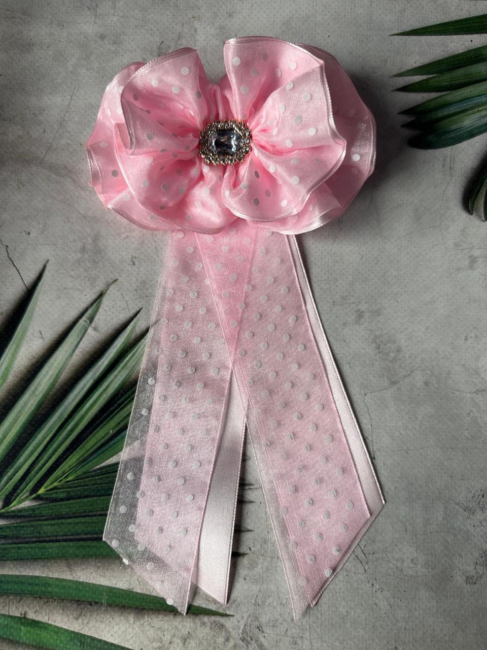 Бант на заколке 12х20 см Розовый в горошек (11432032)