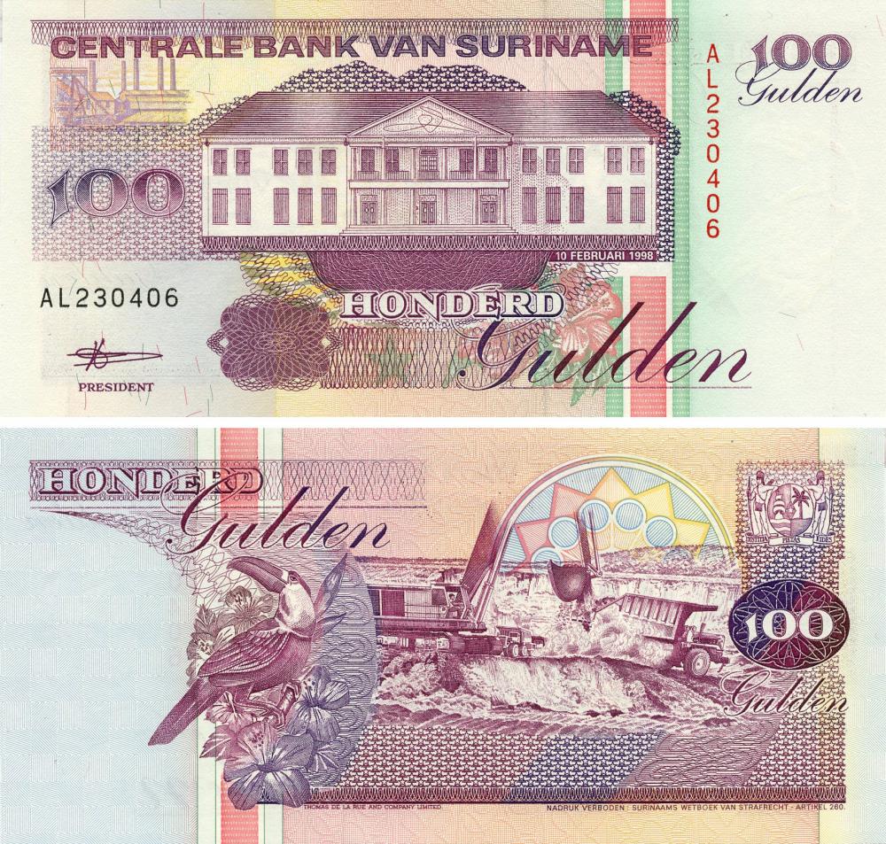 Коллекционная банкнота Суринам 100 гульденов 1998 UNC P139b (Б14741)