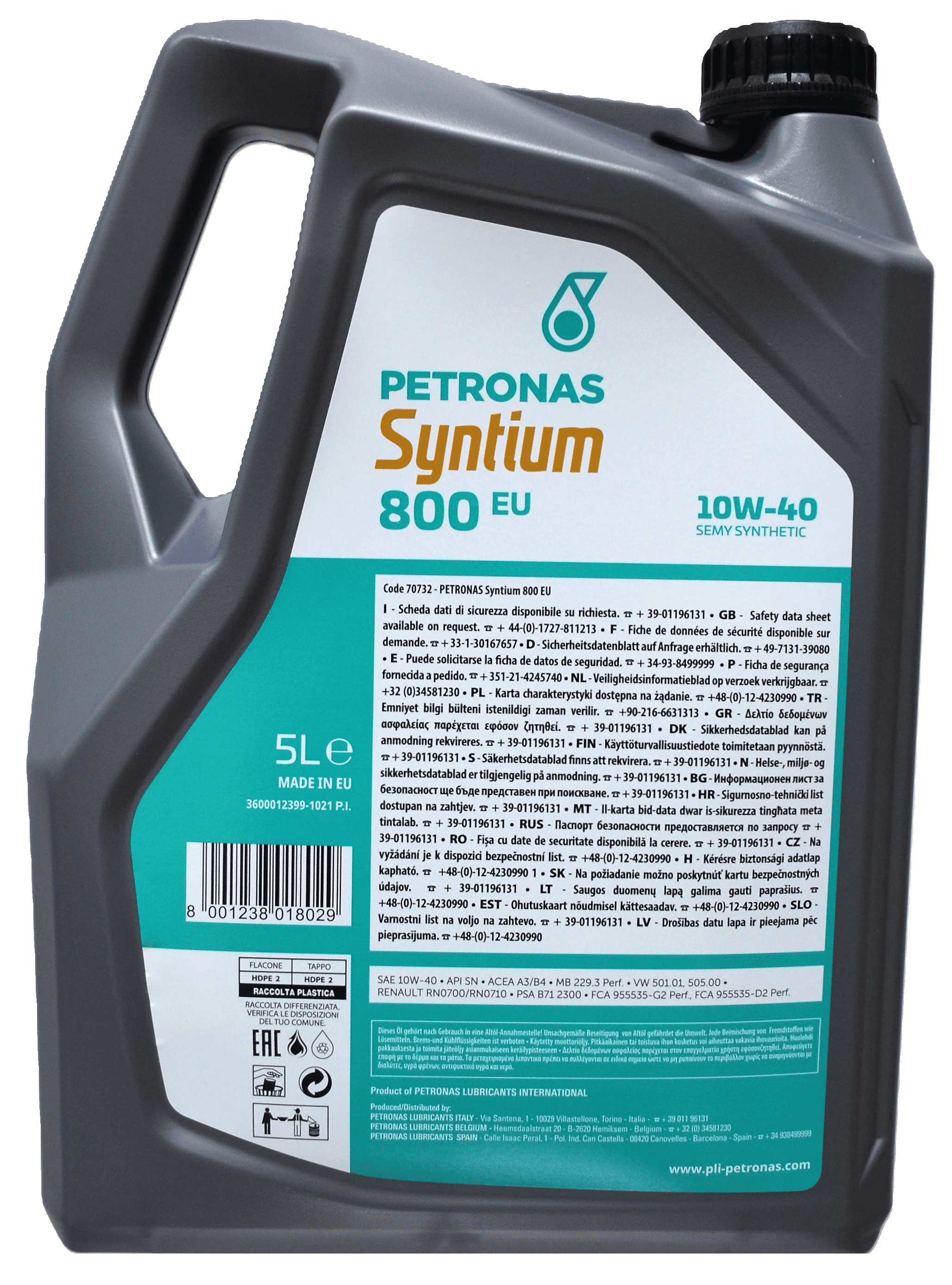 Моторное масло PETRONAS LUBRICANTS Syntium 800 EU 10W-40 5 л (2440021853) - фото 3 Моторное масло PETRONAS LUBRICANTS Syntium 800 EU 10W-40 5 л (2440021853) - фото 3