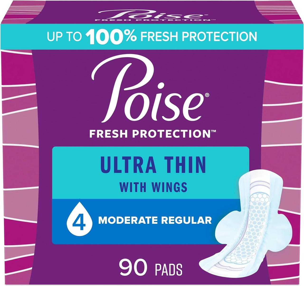 Прокладки ультратонкі з крильцями післяпологові Poise при нетриманні на 4 краплі 90 шт.