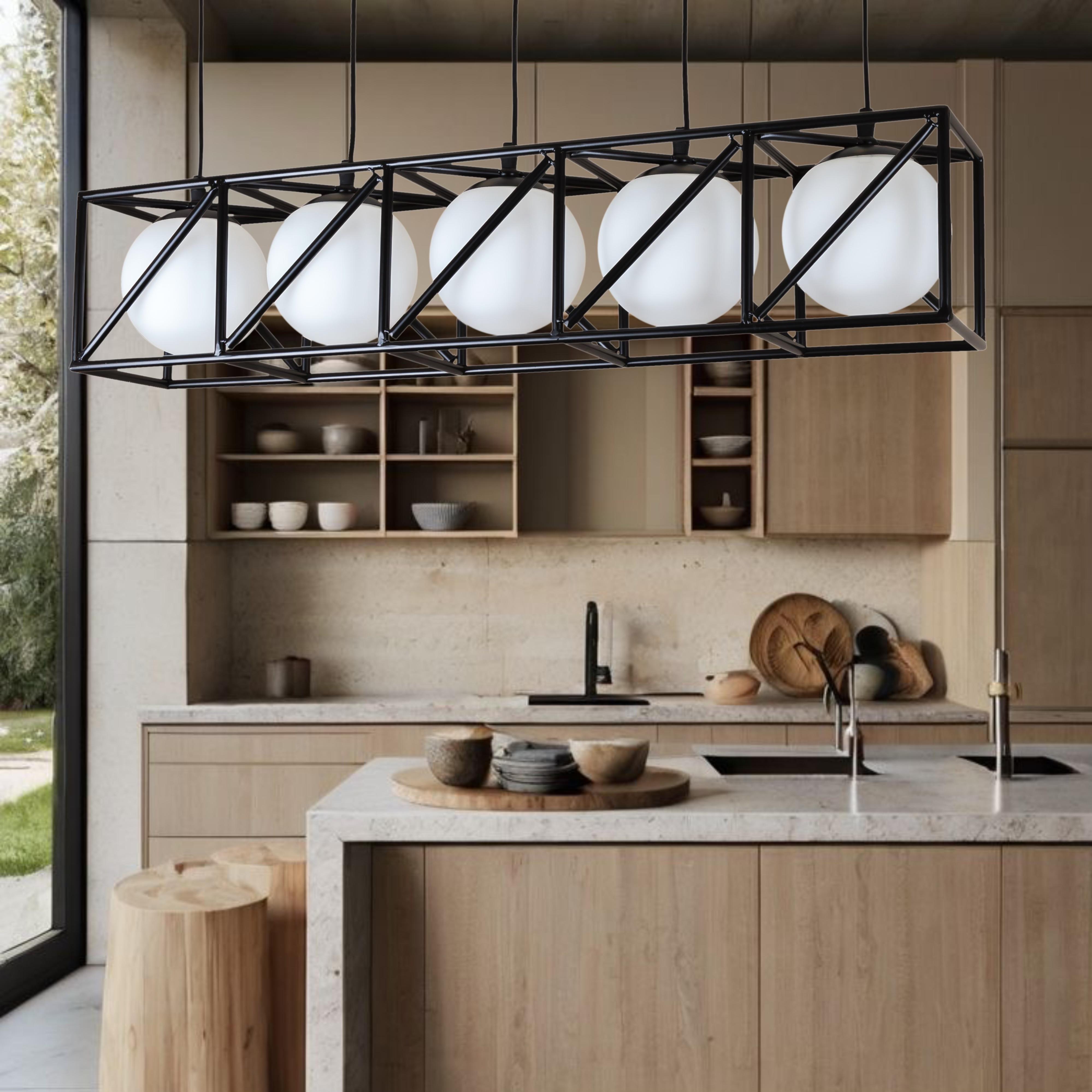 Люстра длинная на 5 белых плафонов Черный (61-CT05-5 BK+WH)