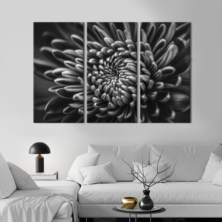 Картина на полотні триптих Бутон чорно -білого хризантему 156x100 см (791-31)