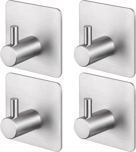 Набор настенных самоклеящихся крючков в ванную для полотенец мочалок халатов в кухню душ или в переднюю без сверления нержавеющая сталь 4 шт.