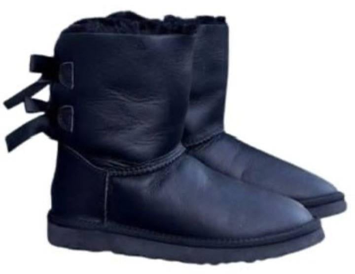 Уггі жіночі середні шкіряні з 2 бантами UGG Bailey Bow Black 2 Leather Чорний (13359)