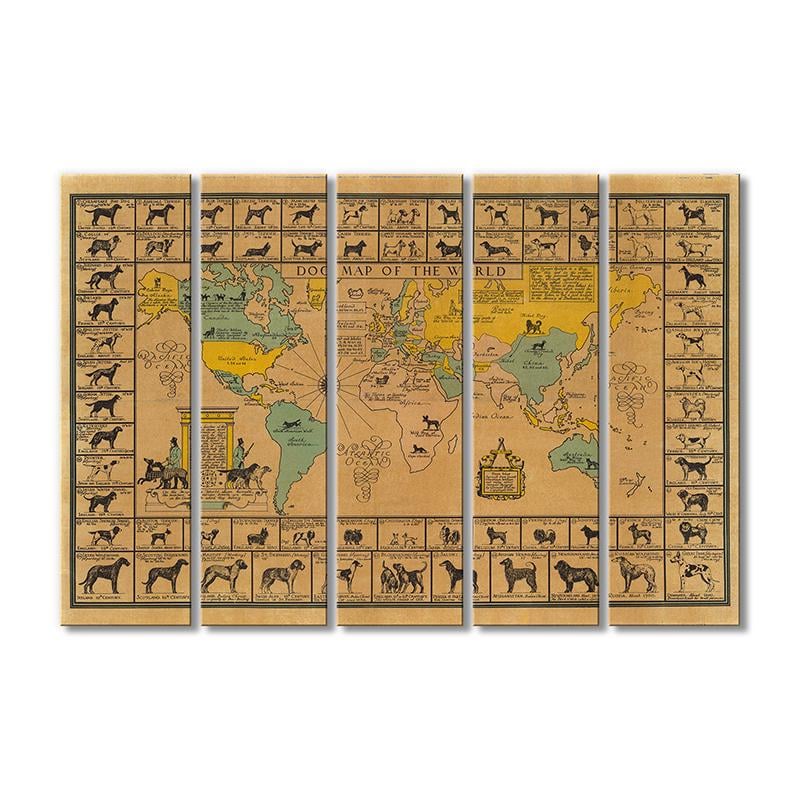 Винтажная карта Карта мира с собаками 5 модулей 70x105 см