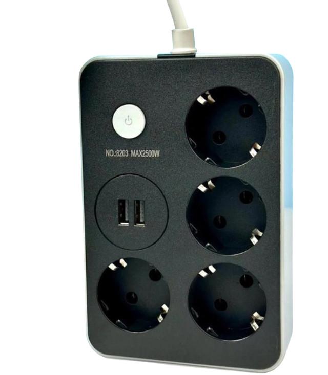 Удлинитель сетевой Power Socket 8203 2 USB на 4 розетки 2м Черный (18253094)