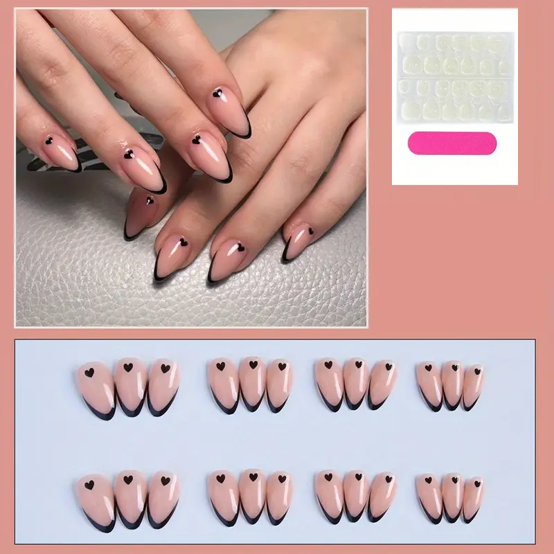 Нігті накладні френч Сердечки мигдаль середньої довжини з клейовими стіками 24 шт. Чорний (3000003699) - фото 4
