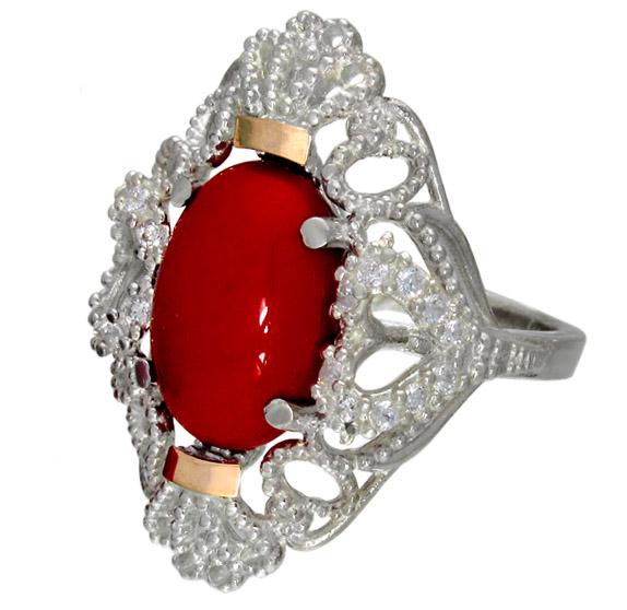 Серебряное кольцо с золотыми накладками Джамала коралл 16,5