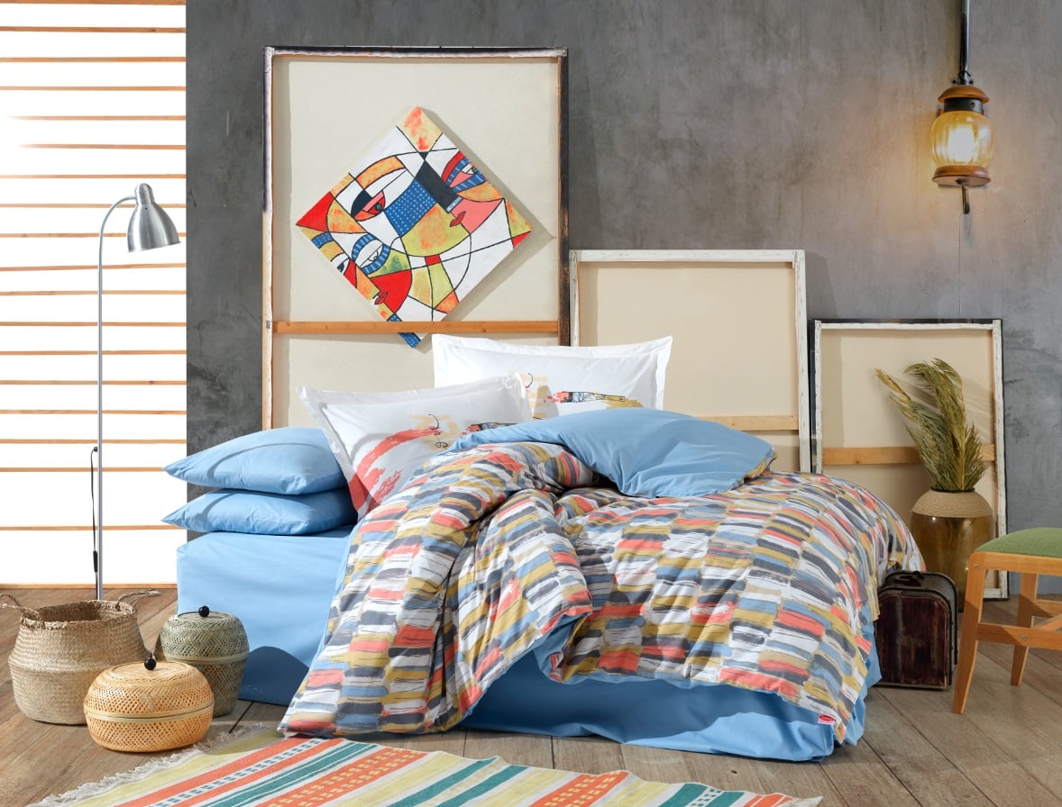 Комплект постільної білизни Hobby Poplin Mikado 160х220 Синьо-гірчичний