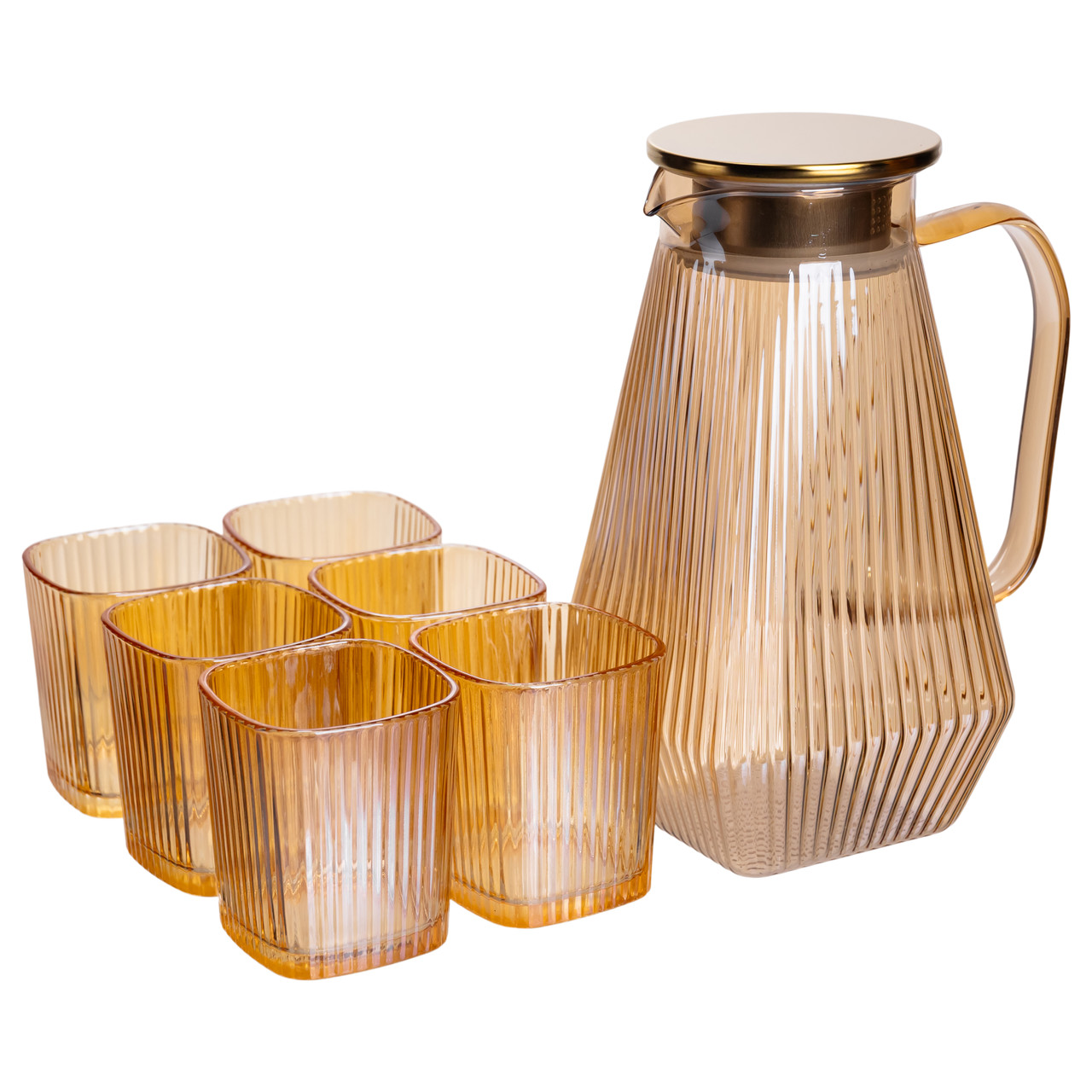 Набор кувшин 1,8 л/стаканы из стекла рифленые 6 шт. по 200 мл Янтарный (HP-19-39)