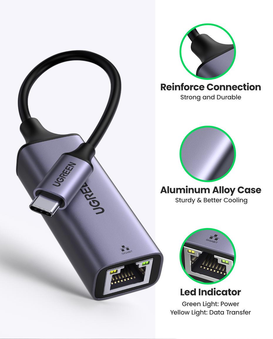 Мережева карта UGREEN Type-C-Ethernet 1 Гбіт/с LAN USB 3.1 Gen 1-C-RJ45 1000 Мбіт/с металевий Сірий (50737) - фото 2