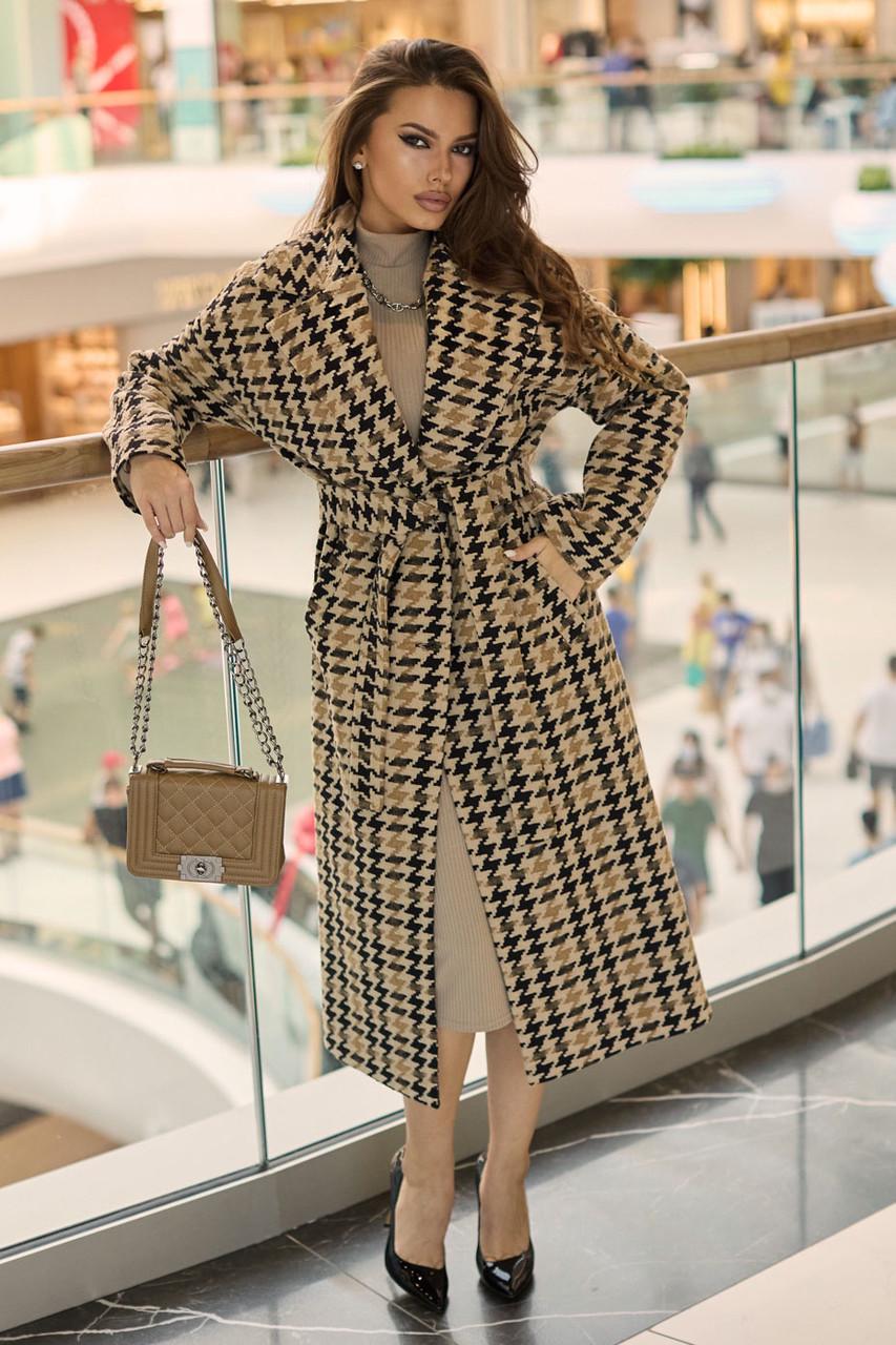 Пальто женское в принт гусиная лапка L-XL Коричневый с черным (2738319506) - фото 2 Пальто женское в принт гусиная лапка L-XL Коричневый с черным (2738319506) - фото 2