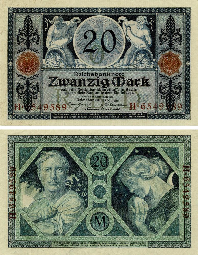 Коллекционная банкнота Германия 20 марок 1918 AU-UNC P63 (Б17955)