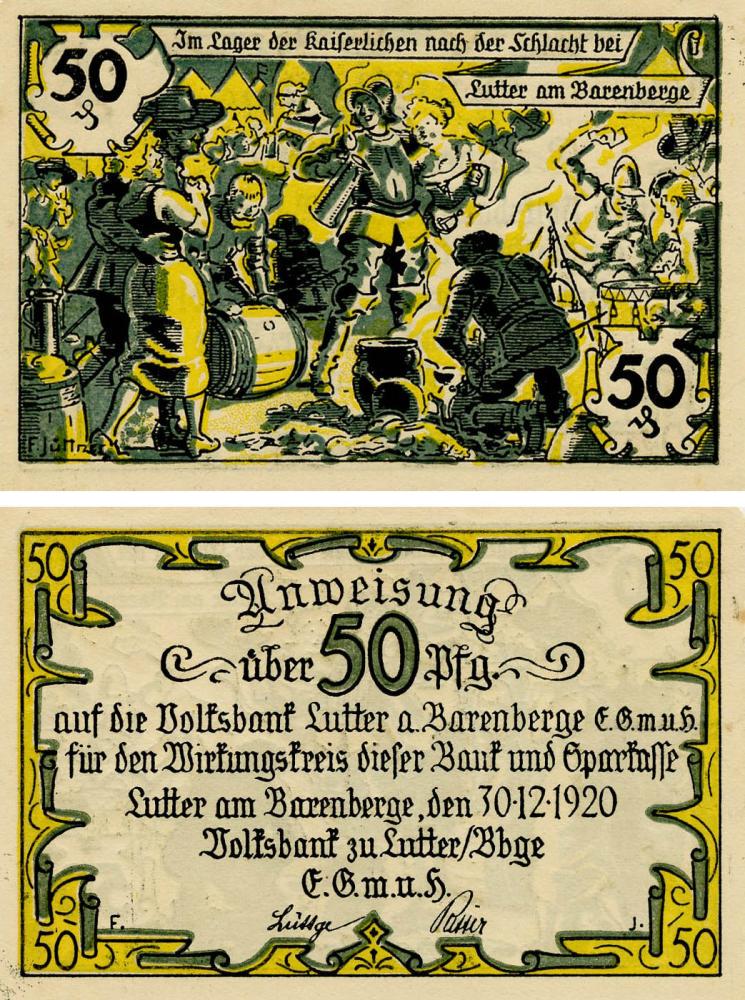 Коллекционная банкнота Германия Нотгельд 50 пфеннигов 1920 F-VF Баренберг (Б18649)