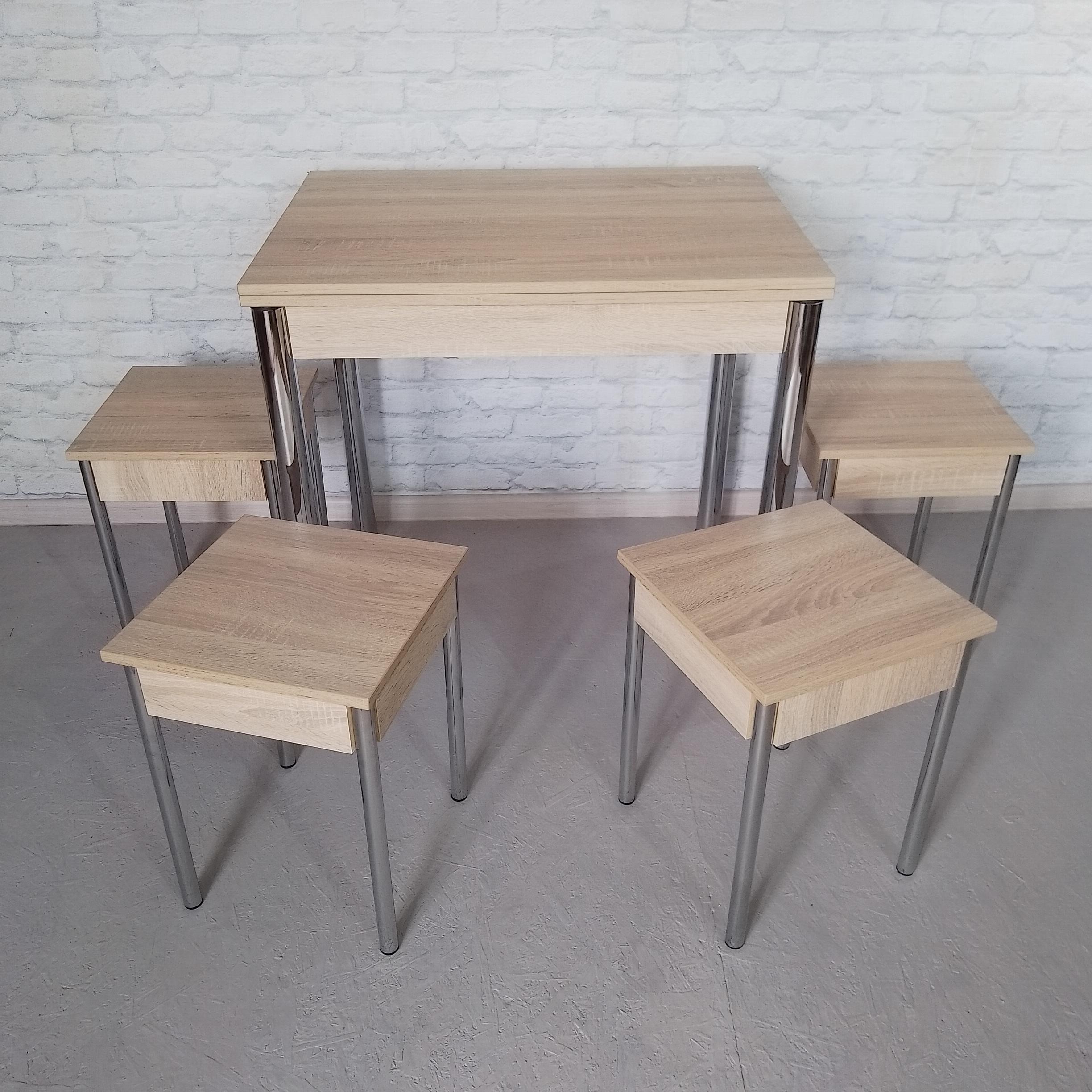 Обеденный стол раскладной и 4 табурета Вента ножки металлические 80х60х75 см/120х80х75 см Дуб сонома/Хром (0052) - фото 5 Обеденный стол раскладной и 4 табурета Вента ножки металлические 80х60х75 см/120х80х75 см Дуб сонома/Хром (0052) - фото 5