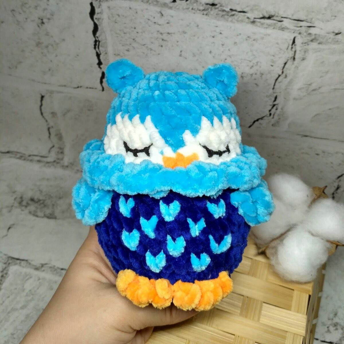 М'яка іграшка в'язана ручної роботи Сова Сплюшка 12 см Блакитний (202-65-5) - фото 2 М'яка іграшка в'язана ручної роботи Сова Сплюшка 12 см Блакитний (202-65-5) - фото 2