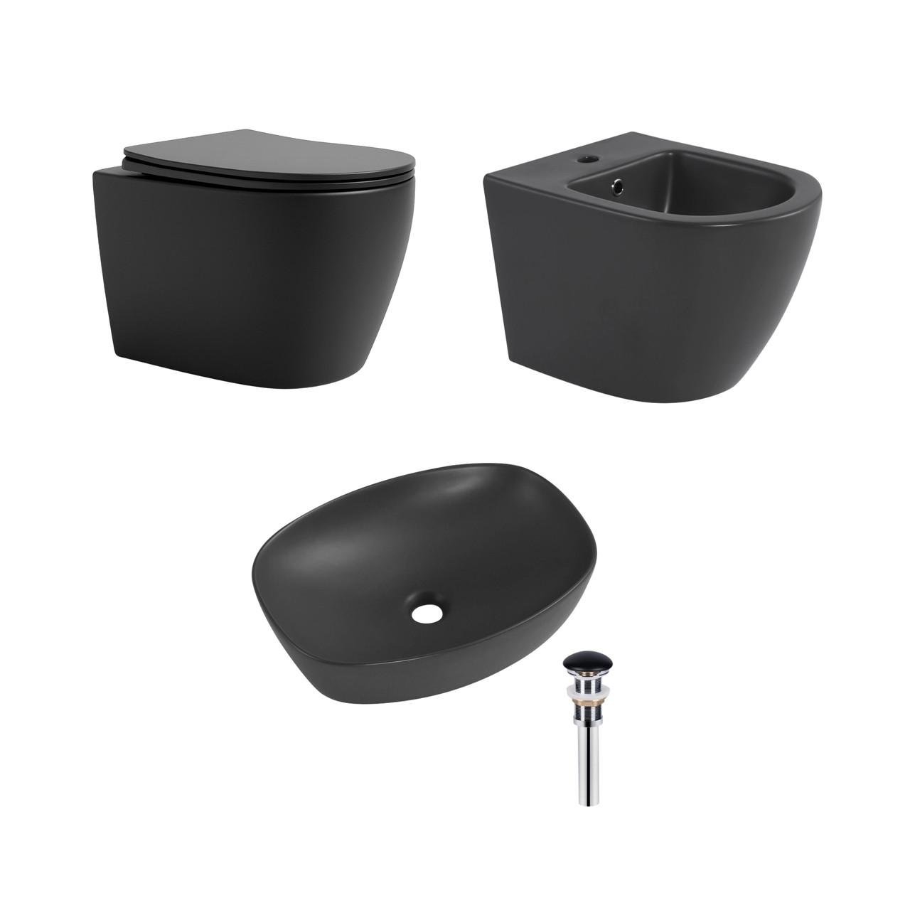 Комплект Qtap Robin Anthracite 3 в 1 подвесной унитаз Ultra Quiet/биде подвесное/раковина накладная (QTROBAN49157)