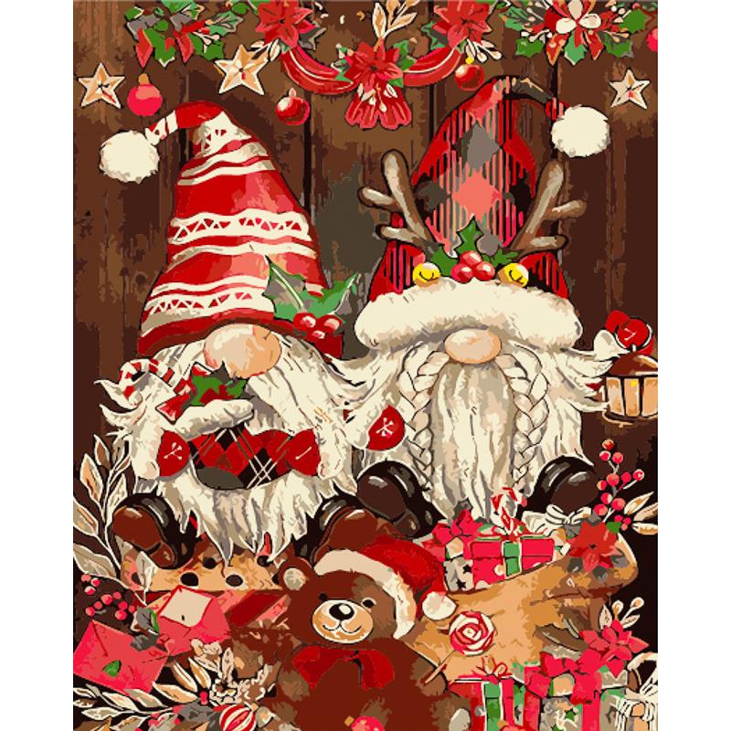 Картина по номерам Strateg Премиум Гномы в подарках с лаком и уровнем 40x50 см (GS1549)