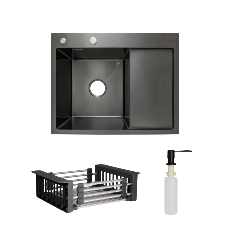 Мойка для кухни интегрированная Lidz Handmade H6350BR крыло справа PVD с дозатором/Lidz K01B корзина для кухонной мойки Black (SD00053653)