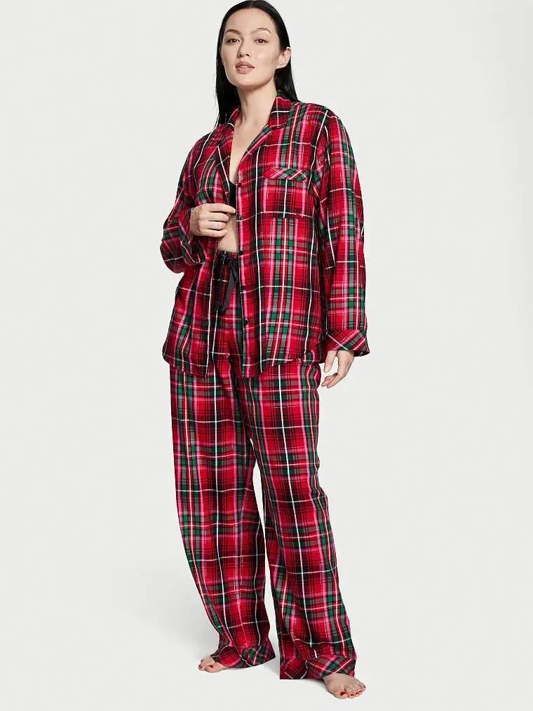 Піжама сорочка/штани фланель Victoria's Secret Long Pajama Set клітинка M Червоний (26188753)