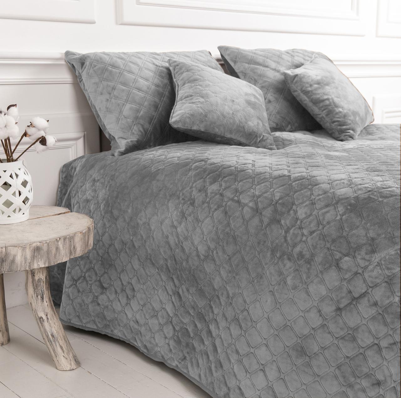 Покрывало велюровое мягкое Ромб/круглый евро макси 240х260 см Светло-серый