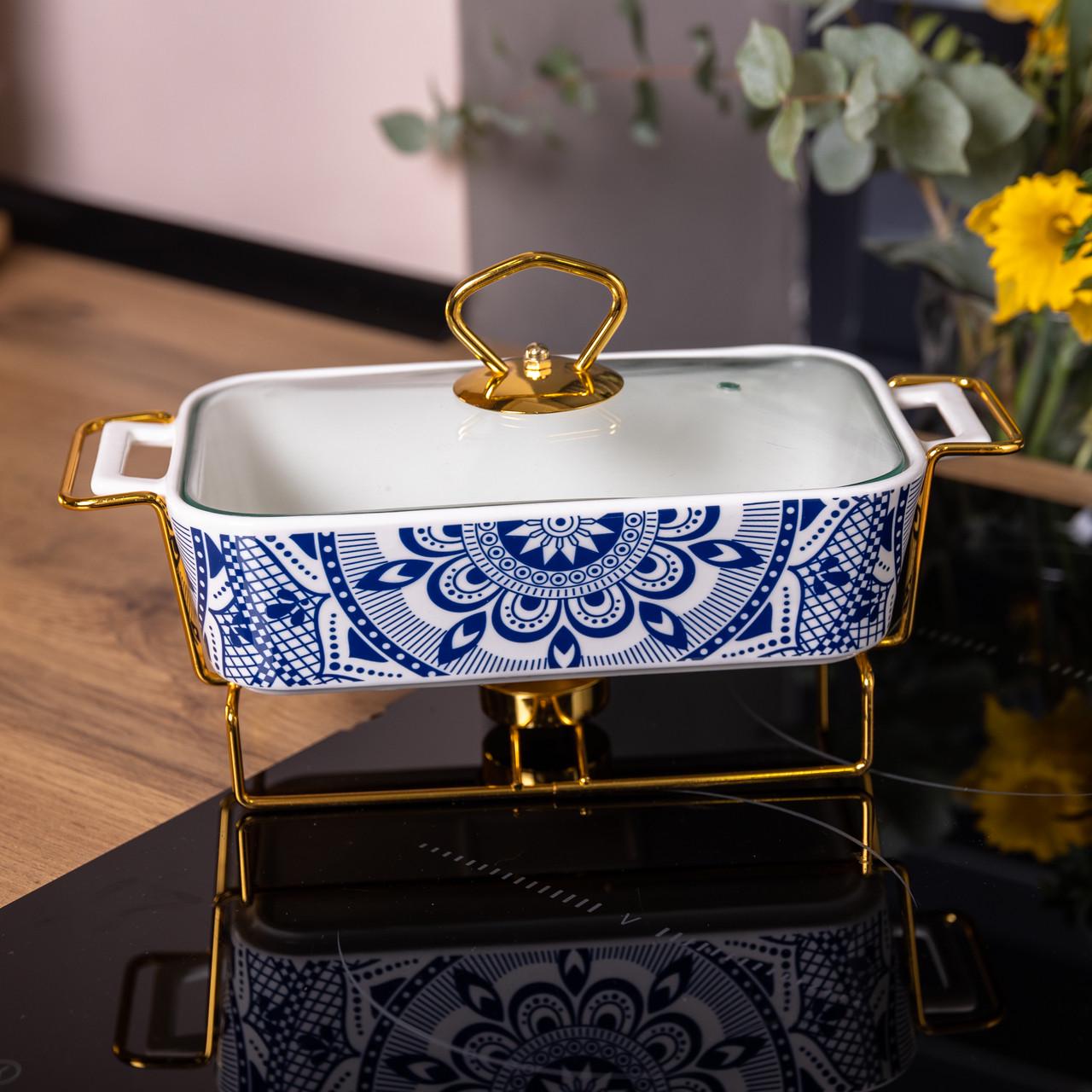 Мармит фарфоровый со стеклянной крышкой на металлической подставке 38х18,5х15,5 см 1 л